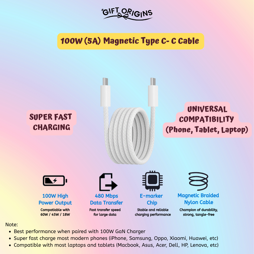 100W USB-C Super Fast Charge White Magnetic Cable (1m)