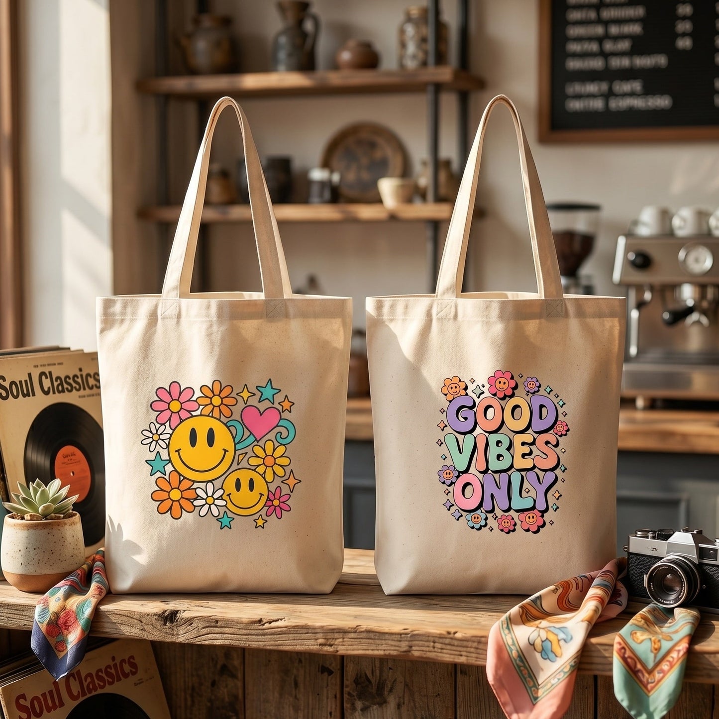 Canvas A4 Tote Bag - Smiley Good Vibes