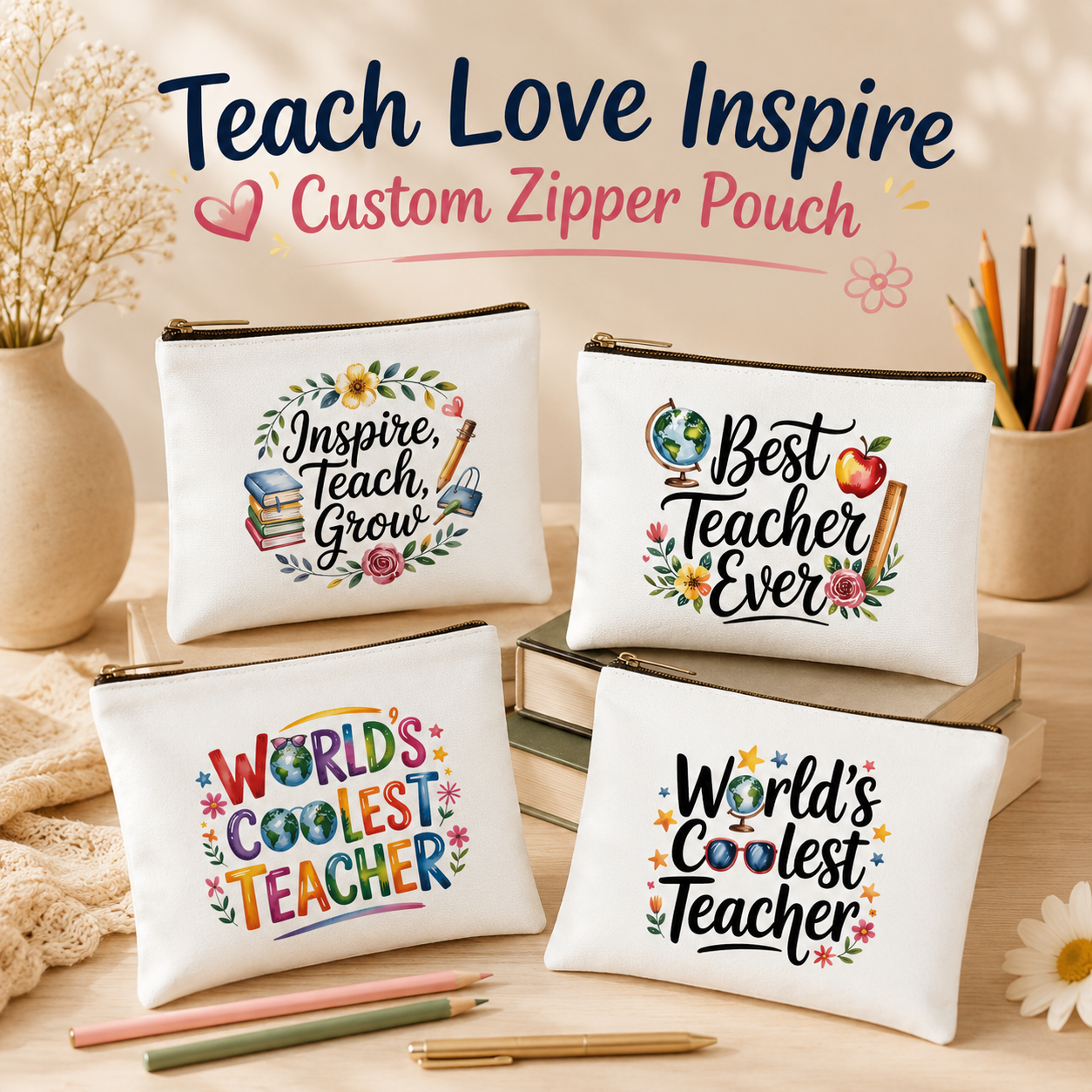 Teach Love Inspire Canvas Zipper Pouch